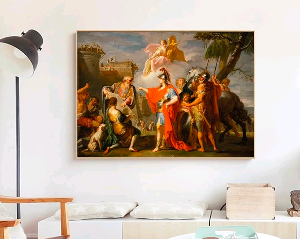 Inspirasi ruang tamu minimalis dengan satu lukisan klasik besar sebagai titik fokus, menciptakan perpaduan estetika masa lalu dan modernitas yang elegan.