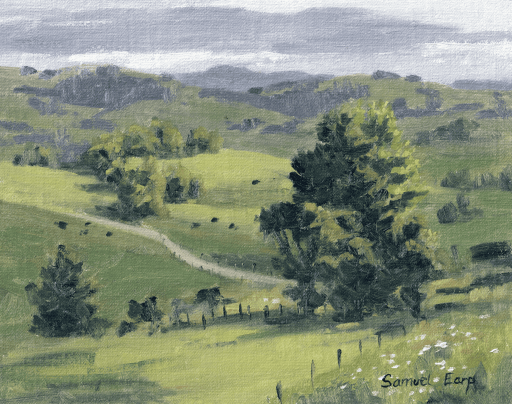 Lukisan lanskap perbukitan karya Samuel Earp yang menonjolkan kedalaman perspektif dan suasana sunyi yang meditatif.